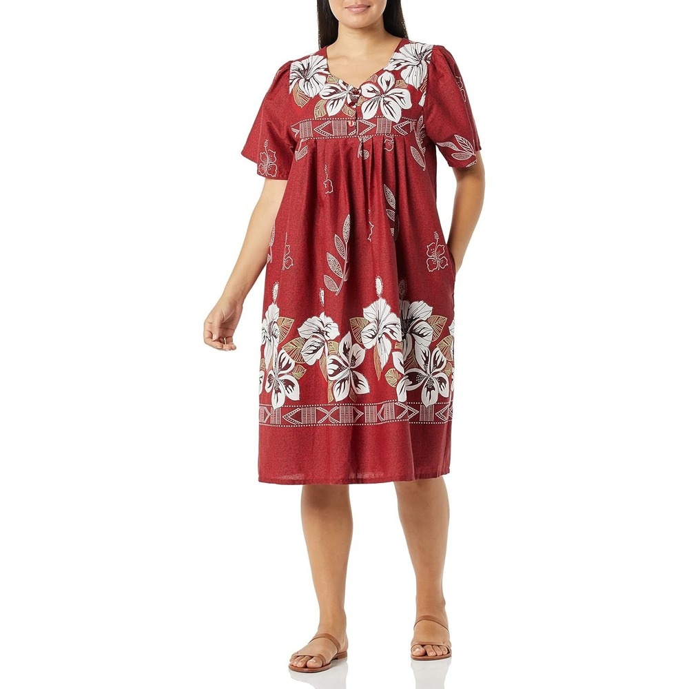 Anthony Richards Women's Red Floral Hawaiian MuuMuu House Dress Pockets 3XL Plus